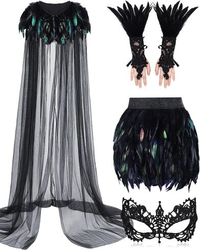 Hercicy 4 Pcs Halloween Cloak Cape Cosplay Black Feather Collar Witch Cape Dress Feather Skirts Lace Long Gloves Witch Spider Web Lace Masquerade Mask for Party Costume in Saudi Arabia