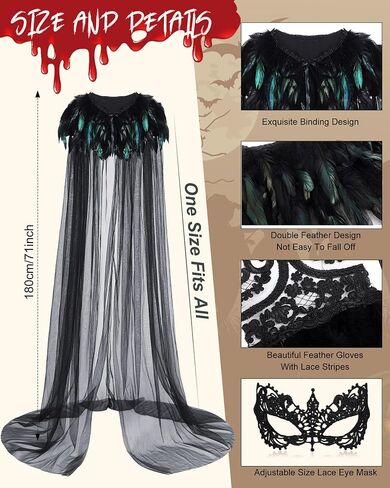 Hercicy 4 Pcs Halloween Cloak Cape Cosplay Black Feather Collar Witch Cape Dress Feather Skirts Lace Long Gloves Witch Spider Web Lace Masquerade Mask for Party Costume in Saudi Arabia