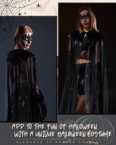 Hercicy 4 Pcs Halloween Cloak Cape Cosplay Black Feather Collar Witch Cape Dress Feather Skirts Lace Long Gloves Witch Spider Web Lace Masquerade Mask for Party Costume in Saudi Arabia