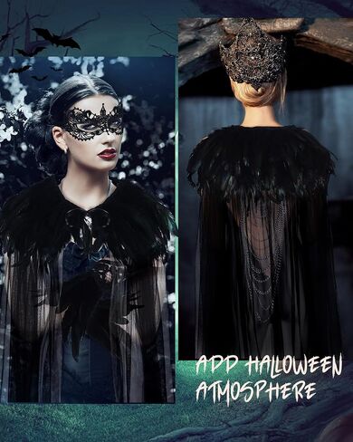 Hercicy 4 Pcs Halloween Cloak Cape Cosplay Black Feather Collar Witch Cape Dress Feather Skirts Lace Long Gloves Witch Spider Web Lace Masquerade Mask for Party Costume in Saudi Arabia
