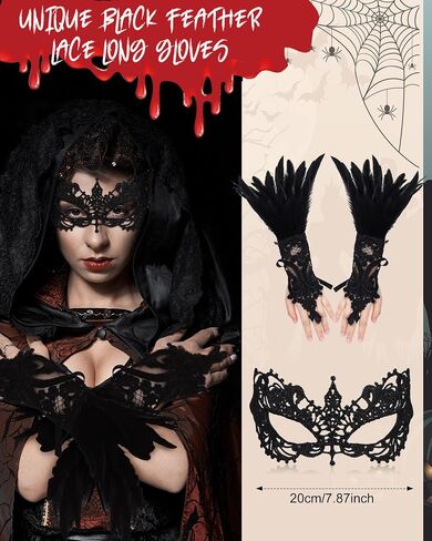 Hercicy 4 Pcs Halloween Cloak Cape Cosplay Black Feather Collar Witch Cape Dress Feather Skirts Lace Long Gloves Witch Spider Web Lace Masquerade Mask for Party Costume in Saudi Arabia
