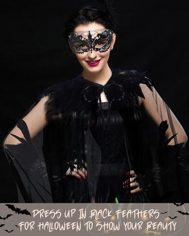 Hercicy 4 Pcs Halloween Cloak Cape Cosplay Black Feather Collar Witch Cape Dress Feather Skirts Lace Long Gloves Witch Spider Web Lace Masquerade Mask for Party Costume in Saudi Arabia