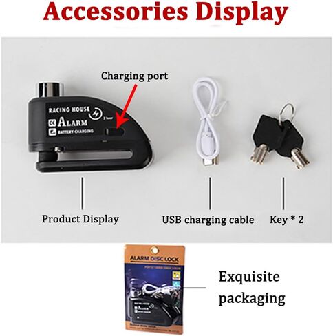 قفل فرامل أقراص إنذار الدراجات النارية - USB قابلة لإعادة الشحن ، 130 صوت ديسيبل ، مضاد للسرقة ومقاومة للماء ، مناسبة لمختلف نماذج الدراجات والدراجات النارية. مع تذكير الحبل و مفصل السداسي. (أحمر) in Kuwait