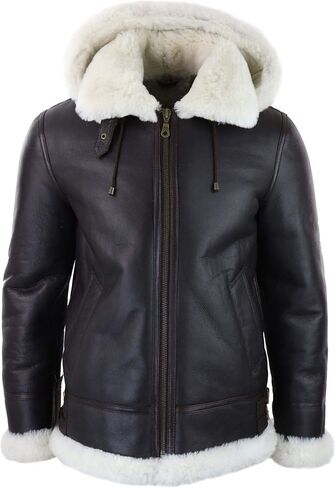 TruClothing Mens Real Leather Sherling Sheepskin Hood Jacket Vintage Aviator Flying Pilot in Saudi Arabia