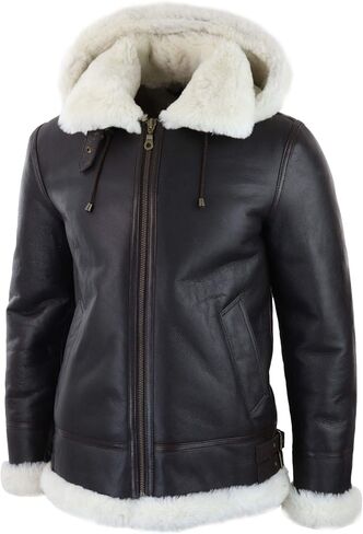 TruClothing Mens Real Leather Sherling Sheepskin Hood Jacket Vintage Aviator Flying Pilot in Saudi Arabia