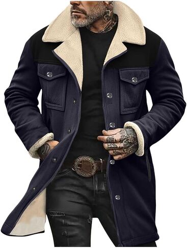 Muscularfit Faux Leather Long Trench Coats Men Vintage Suede Jacket Plush Collar Coats Zip Up Sherpa Motorcycle Jacket Coats in Kuwait