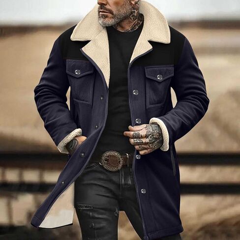 Muscularfit Faux Leather Long Trench Coats Men Vintage Suede Jacket Plush Collar Coats Zip Up Sherpa Motorcycle Jacket Coats in Kuwait