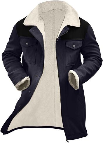 Muscularfit Faux Leather Long Trench Coats Men Vintage Suede Jacket Plush Collar Coats Zip Up Sherpa Motorcycle Jacket Coats in Kuwait