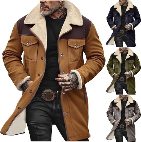 Muscularfit Faux Leather Long Trench Coats Men Vintage Suede Jacket Plush Collar Coats Zip Up Sherpa Motorcycle Jacket Coats in Kuwait