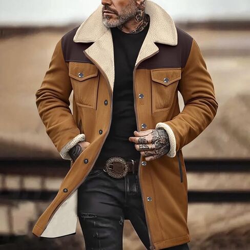Muscularfit Faux Leather Long Trench Coats Men Vintage Suede Jacket Plush Collar Coats Zip Up Sherpa Motorcycle Jacket Coats in Kuwait