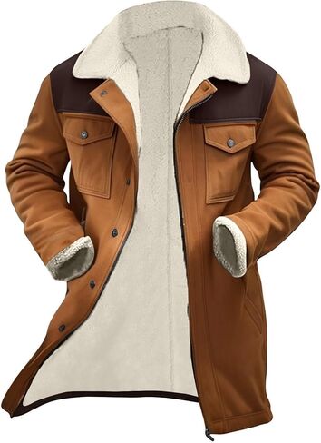 Muscularfit Faux Leather Long Trench Coats Men Vintage Suede Jacket Plush Collar Coats Zip Up Sherpa Motorcycle Jacket Coats in Kuwait