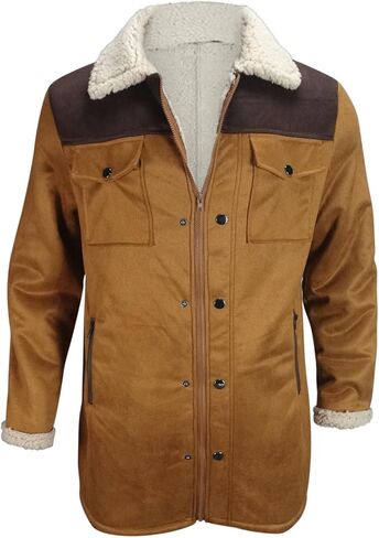Muscularfit Faux Leather Long Trench Coats Men Vintage Suede Jacket Plush Collar Coats Zip Up Sherpa Motorcycle Jacket Coats in Kuwait