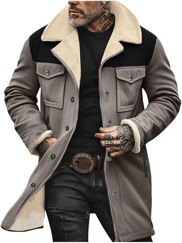 Muscularfit Faux Leather Long Trench Coats Men Vintage Suede Jacket Plush Collar Coats Zip Up Sherpa Motorcycle Jacket Coats in Kuwait