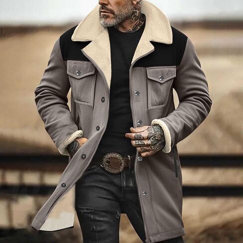 Muscularfit Faux Leather Long Trench Coats Men Vintage Suede Jacket Plush Collar Coats Zip Up Sherpa Motorcycle Jacket Coats in Kuwait