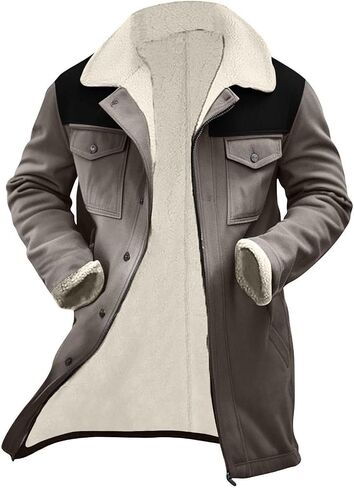 Muscularfit Faux Leather Long Trench Coats Men Vintage Suede Jacket Plush Collar Coats Zip Up Sherpa Motorcycle Jacket Coats in Kuwait