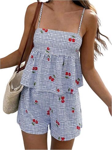 WDIRARA Women's 2 Piece Set Gingham Cherry Print Babydoll Camisole Shorts Set Summer Outfits in Saudi Arabia
