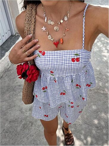 WDIRARA Women's 2 Piece Set Gingham Cherry Print Babydoll Camisole Shorts Set Summer Outfits in Saudi Arabia