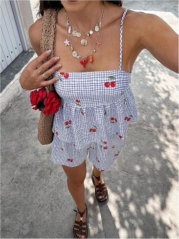 WDIRARA Women's 2 Piece Set Gingham Cherry Print Babydoll Camisole Shorts Set Summer Outfits in Saudi Arabia