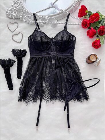 Verdusa Women's 4 Piece Garter Lingerie Set Lace Underwire Babydoll Dress with Thong Stockings in Saudi Arabia