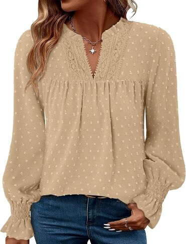BETTE BOUTIK Women Boho Long Sleeve Shirts Dressy Casual V Neck Fall Fashion Tops Swiss Dot Flowy Blouses in Saudi Arabia