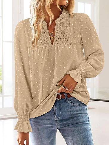 BETTE BOUTIK Women Boho Long Sleeve Shirts Dressy Casual V Neck Fall Fashion Tops Swiss Dot Flowy Blouses in Saudi Arabia