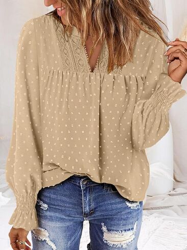 BETTE BOUTIK Women Boho Long Sleeve Shirts Dressy Casual V Neck Fall Fashion Tops Swiss Dot Flowy Blouses in Saudi Arabia