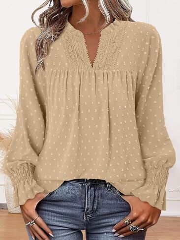 BETTE BOUTIK Women Boho Long Sleeve Shirts Dressy Casual V Neck Fall Fashion Tops Swiss Dot Flowy Blouses in Saudi Arabia