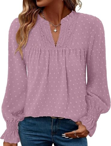 BETTE BOUTIK Women Boho Long Sleeve Shirts Dressy Casual V Neck Fall Fashion Tops Swiss Dot Flowy Blouses in Saudi Arabia
