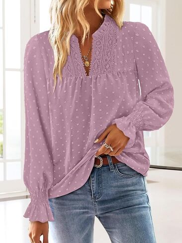 BETTE BOUTIK Women Boho Long Sleeve Shirts Dressy Casual V Neck Fall Fashion Tops Swiss Dot Flowy Blouses in Saudi Arabia