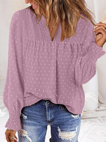BETTE BOUTIK Women Boho Long Sleeve Shirts Dressy Casual V Neck Fall Fashion Tops Swiss Dot Flowy Blouses in Saudi Arabia