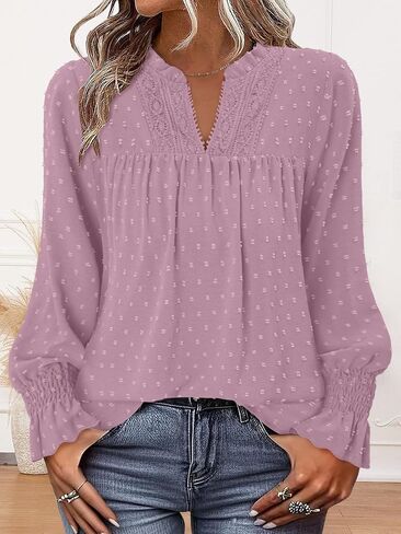 BETTE BOUTIK Women Boho Long Sleeve Shirts Dressy Casual V Neck Fall Fashion Tops Swiss Dot Flowy Blouses in Saudi Arabia