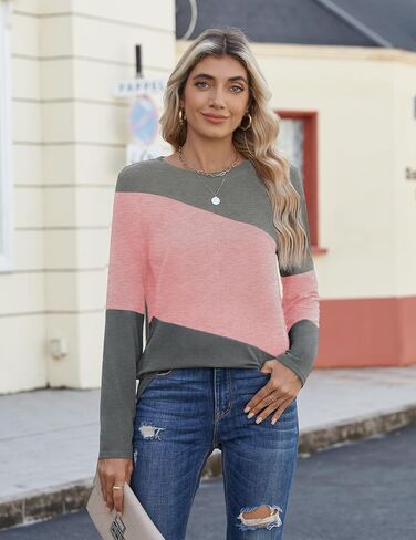 Zeagoo Women's Color Block Tops Long Long Sleeve Fall Tunic Top Top Round Round Dound Pullover Tirts Tary Work Work 2025 in Saudi Arabia