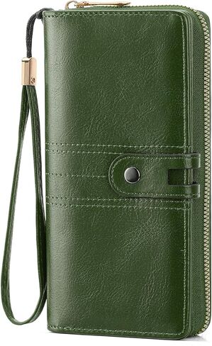 Large Capacity Genuine Leather Wallet for Women RFID Blocking Wristlet Clutch with Multiple Card Slots (Green) in Saudi Arabia