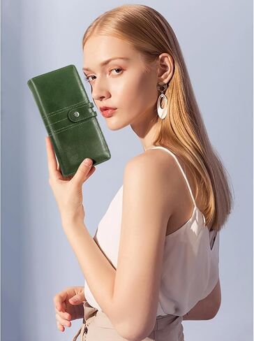 Large Capacity Genuine Leather Wallet for Women RFID Blocking Wristlet Clutch with Multiple Card Slots (Green) in Saudi Arabia