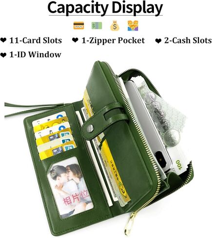 Large Capacity Genuine Leather Wallet for Women RFID Blocking Wristlet Clutch with Multiple Card Slots (Green) in Saudi Arabia