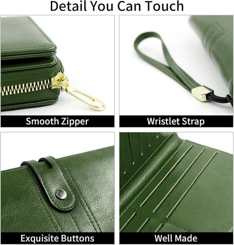 Large Capacity Genuine Leather Wallet for Women RFID Blocking Wristlet Clutch with Multiple Card Slots (Green) in Saudi Arabia
