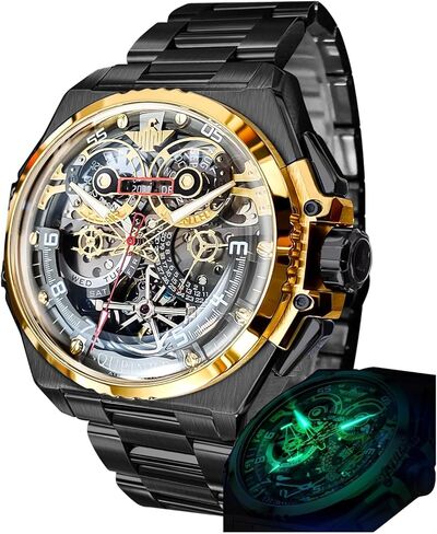 OUPINKE Watch for Men Automatic Wristwatch Sapphire Crystal Calendar Skeleton Luminous 3D Dial with 5ATM Waterproof Luxury Tungsten Steel Strap in Kuwait