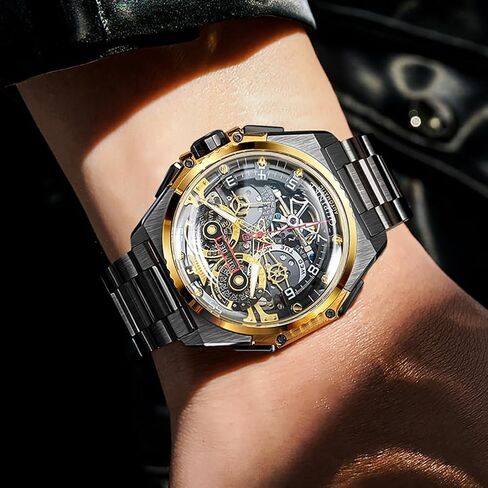 OUPINKE Watch for Men Automatic Wristwatch Sapphire Crystal Calendar Skeleton Luminous 3D Dial with 5ATM Waterproof Luxury Tungsten Steel Strap in Kuwait