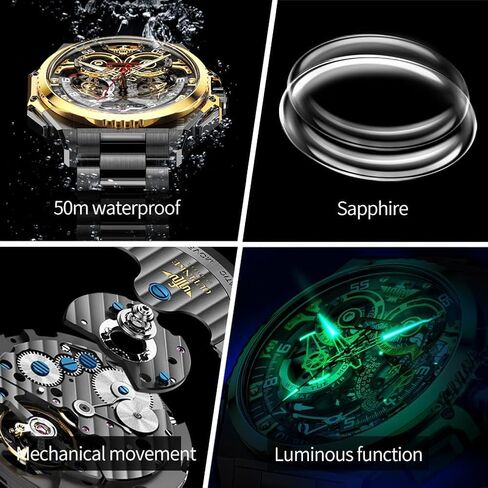 OUPINKE Watch for Men Automatic Wristwatch Sapphire Crystal Calendar Skeleton Luminous 3D Dial with 5ATM Waterproof Luxury Tungsten Steel Strap in Kuwait