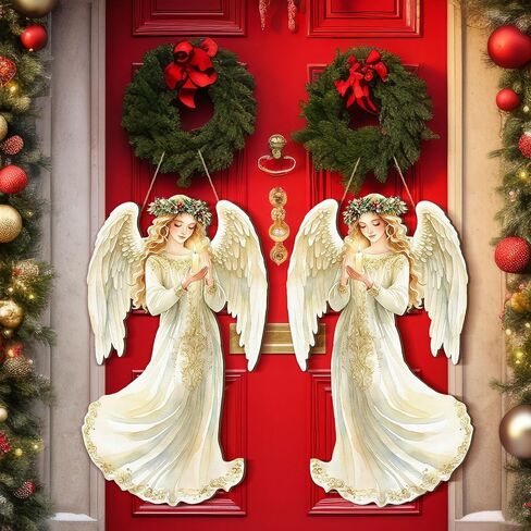 2 Pcs Christmas Angel Hanging Sign Wooden Christmas Welcome Decor Angel Door Sign Christmas Wall Plaque Xmas Angel Decoration for Christmas Fireplace Home Indoor Outdoor Decor 19.7 x 13.8 Inch in Saudi Arabia