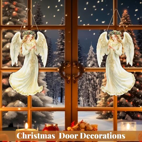 2 Pcs Christmas Angel Hanging Sign Wooden Christmas Welcome Decor Angel Door Sign Christmas Wall Plaque Xmas Angel Decoration for Christmas Fireplace Home Indoor Outdoor Decor 19.7 x 13.8 Inch in Saudi Arabia