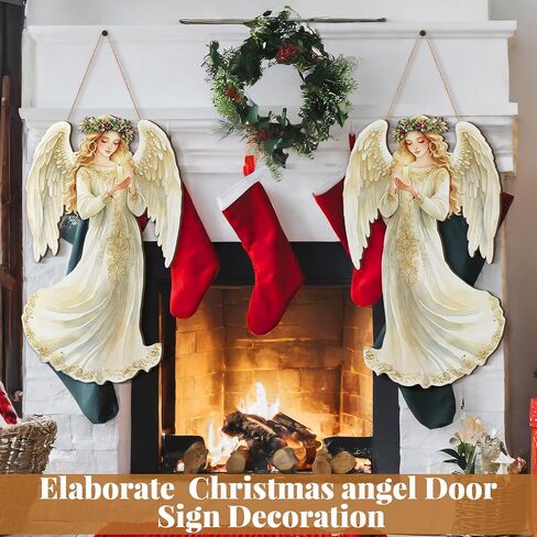 2 Pcs Christmas Angel Hanging Sign Wooden Christmas Welcome Decor Angel Door Sign Christmas Wall Plaque Xmas Angel Decoration for Christmas Fireplace Home Indoor Outdoor Decor 19.7 x 13.8 Inch in Saudi Arabia