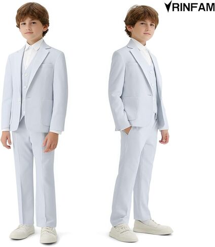 Boys Linen Suit 3 Piece Blazer Vest Pants Kids Wedding Graduation Communion Beige Tan Cream Blue Grey Sizes 4-18 in Saudi Arabia