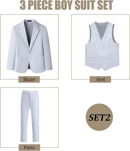 Boys Linen Suit 3 Piece Blazer Vest Pants Kids Wedding Graduation Communion Beige Tan Cream Blue Grey Sizes 4-18 in Saudi Arabia