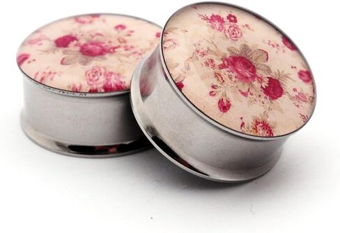 Mystic Metals Body Jewelry Double Flare Vintage Floral Style 3 Picture Plugs - Sold As a Pair in Saudi Arabia