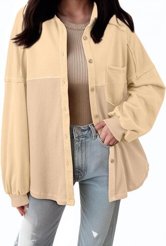 SHEWIN Womens Waffle Knit Shacket Fall Fashion Button Down Shirt Jacket Loose Fit Long Sleeve Tops in Saudi Arabia