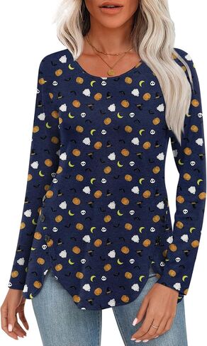 CATHY Womens Tops Dressy Casual Crew Neck Long Sleeve Shirts Button Side Tunic to Wear with Leggings in Kuwait