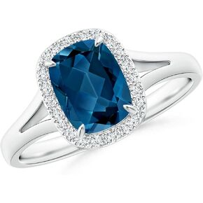 Angara Natural Claw-Set Cushion London Blue Topaz Halo Split Shank Ring in 14K Solid Gold/Platinum | November Birthstone, Birthday, Engagement, Anniversary, Wedding Jewelry Gift for Women in Saudi Arabia