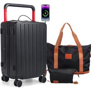 احمل على حقائب 20 بوصة على نطاق واسع حقيبة خفيفة الوزن مع قفل TSA ، عجلات دوار مزدوجة ، منفذ USB ، حامل الكأس ، الخطاف الجانبي (أسود ، مجموعات 3 قطع) in Kuwait