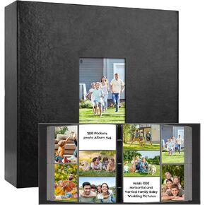 1000 جيب ألبوم صورة 4x6 جلدية ، وسعة كبيرة إضافية تحمل 1000 صورة أفقية ورأسية ، وحمض خالي من الصفحات غير العصي مع النافذة الأمامية ، مثالية لذكريات عائلة الزفاف (أسود) in Kuwait
